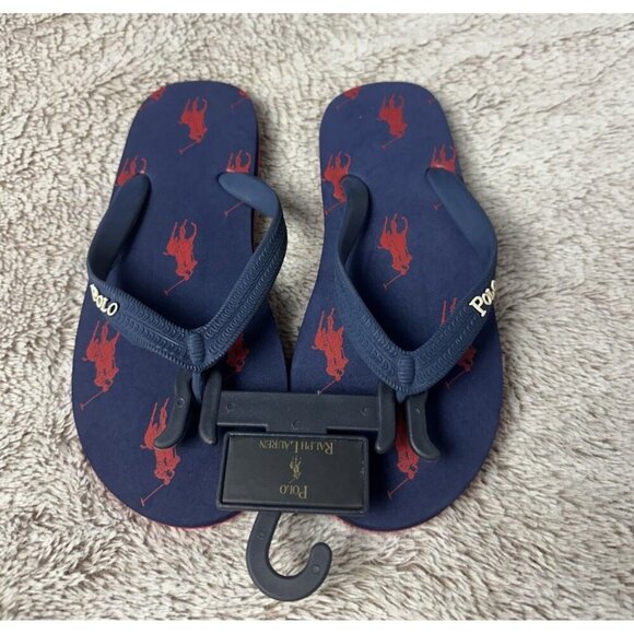KIDS RALPH LAUREN POLO "WHITLEBURY" PONY FLIP FLOP Boys Size 5 Y - Picture 2 of 13